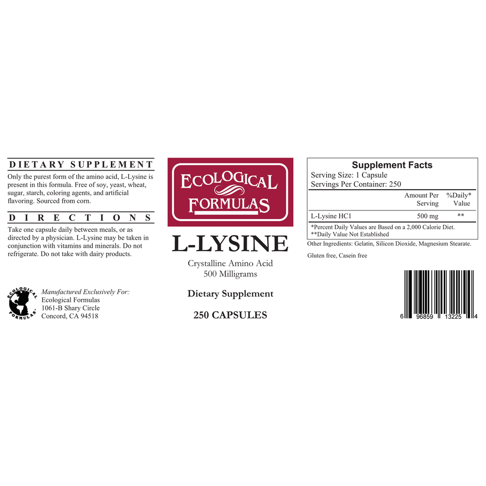 L-Lysine 500mg, 250 Capsules
