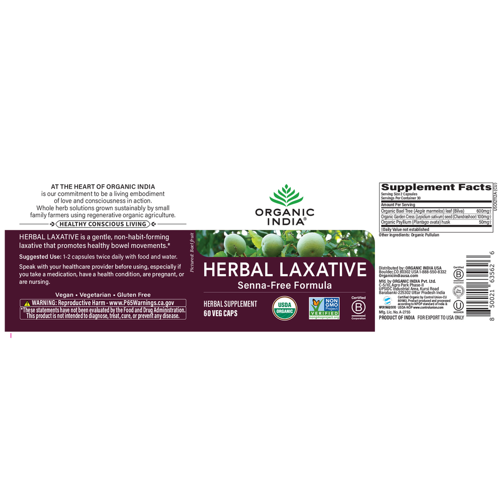 Herbal Laxative, 60 capsules , Ayurveda Brand_Organic India Form_Capsules