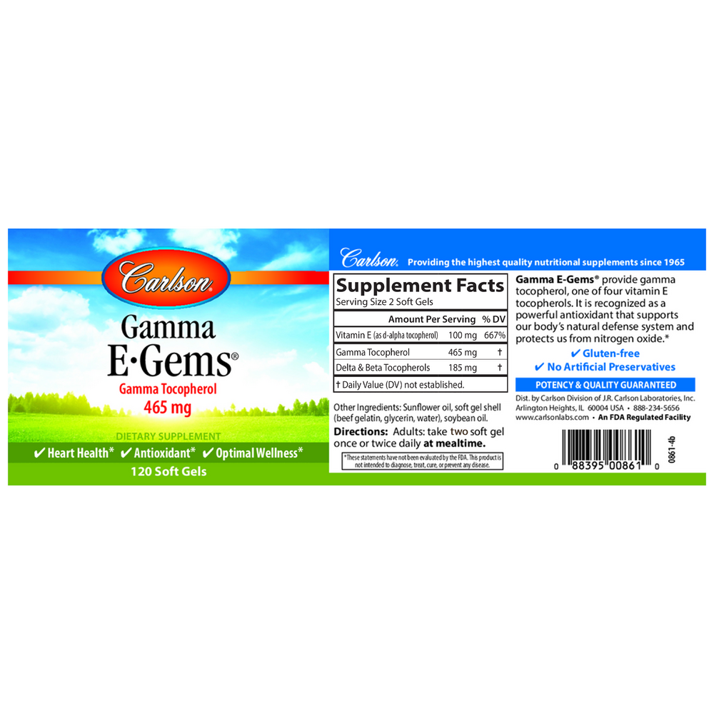Gamma E-Gems Gama Tocopherol, 465 mg, 120 Softgels