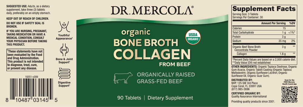 Collagen Organic Beef Broth, 90 Tablets