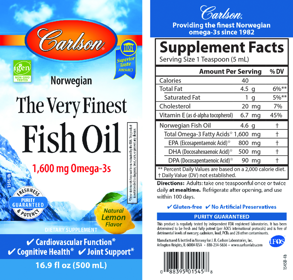 Norwegian The Very Finest Fish Oil, 1600 mg Omega-3s, Lemon Flavor, 16.9 Fl Oz (500 mL) Liquid