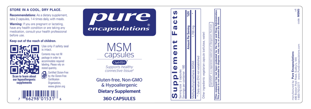 MSM capsules with OptiMSM®, 1700 mg, 360 Capsules , Brand_Pure Encapsulations caps