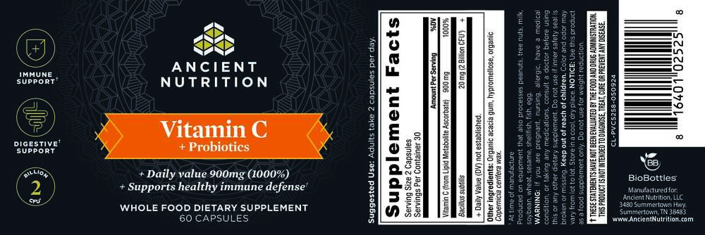 Ancient Nutrition Vitamin C + Probiotics - back