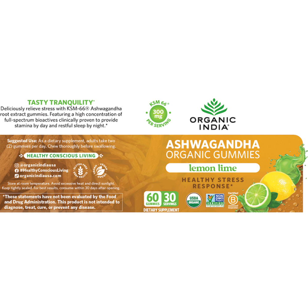 Organic Ashwagandha Gummies, Lemon Lime, 60 gummies , Ayurveda Brand_Organic India Form_Gummies