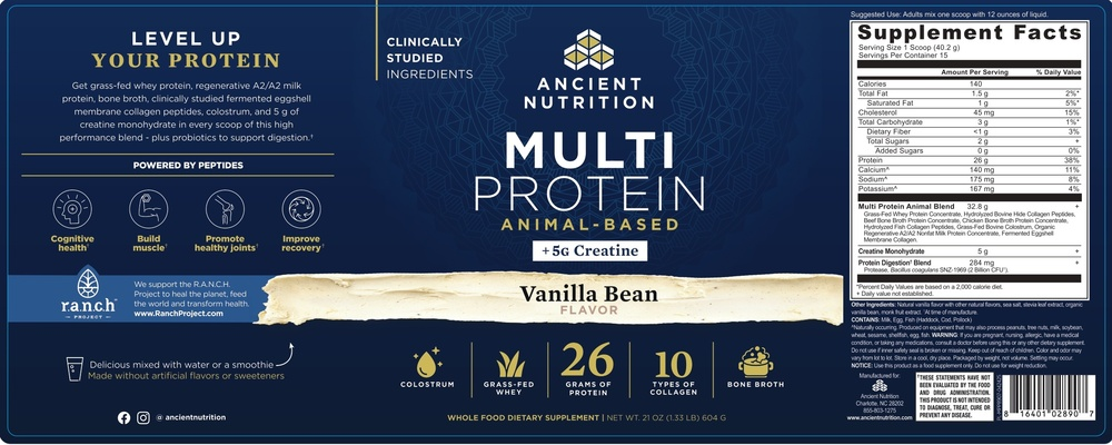 Ancient Nutrition Multi Protein + Creatine, Vanilla Bean - back