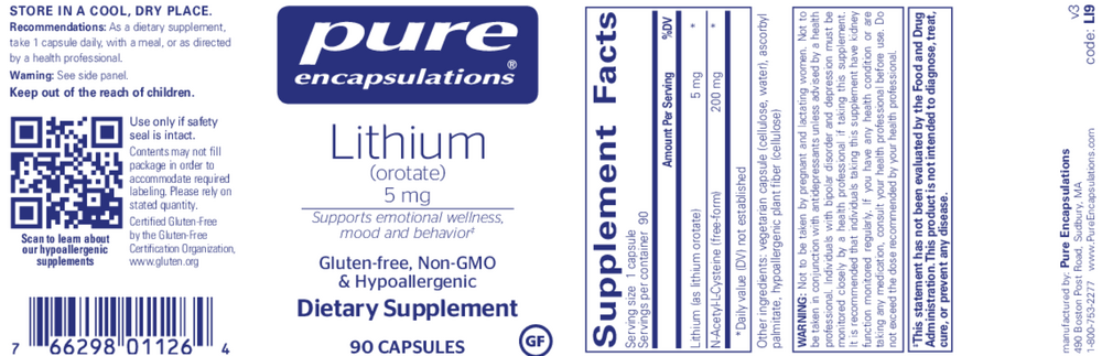 Lithium (Orotate), 5 mg, 90 Capsules , Brand_Pure Encapsulations caps Emersons