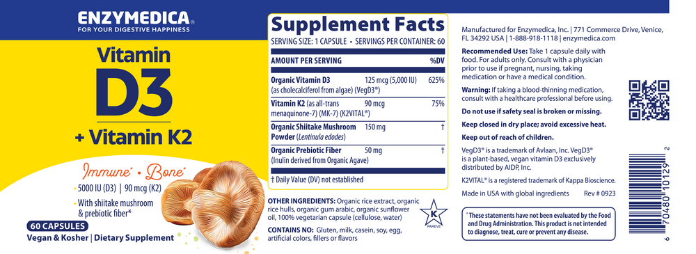 Organic Vitamin D3+K2, 60 Capsules