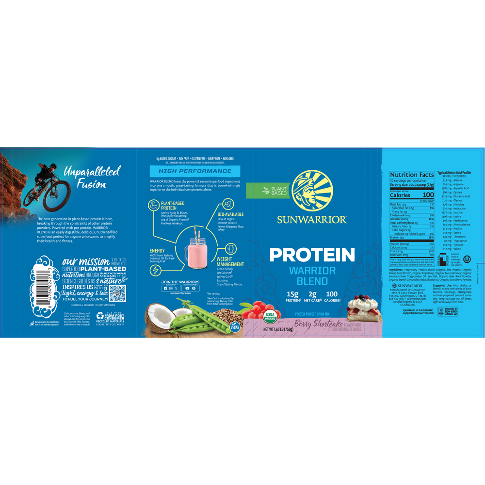 Warrior Blend Berry Shortcake, 750 g Powder , Brand_Sunwarrior Flavor_Berry Shortcake Form_Powder Potency_15 g Size_750 g