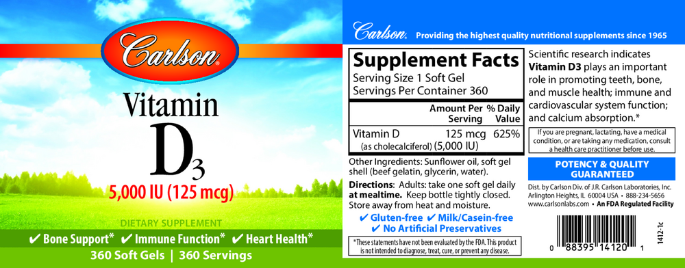 Vitamin D3 5000IU, 360 Softgels