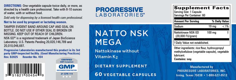 Natto NSK Mega 20,000FU, 60 Capsules , Brand_Progressive Labs capsules Form_Capsules Requires Consultation Size_60 Capsules