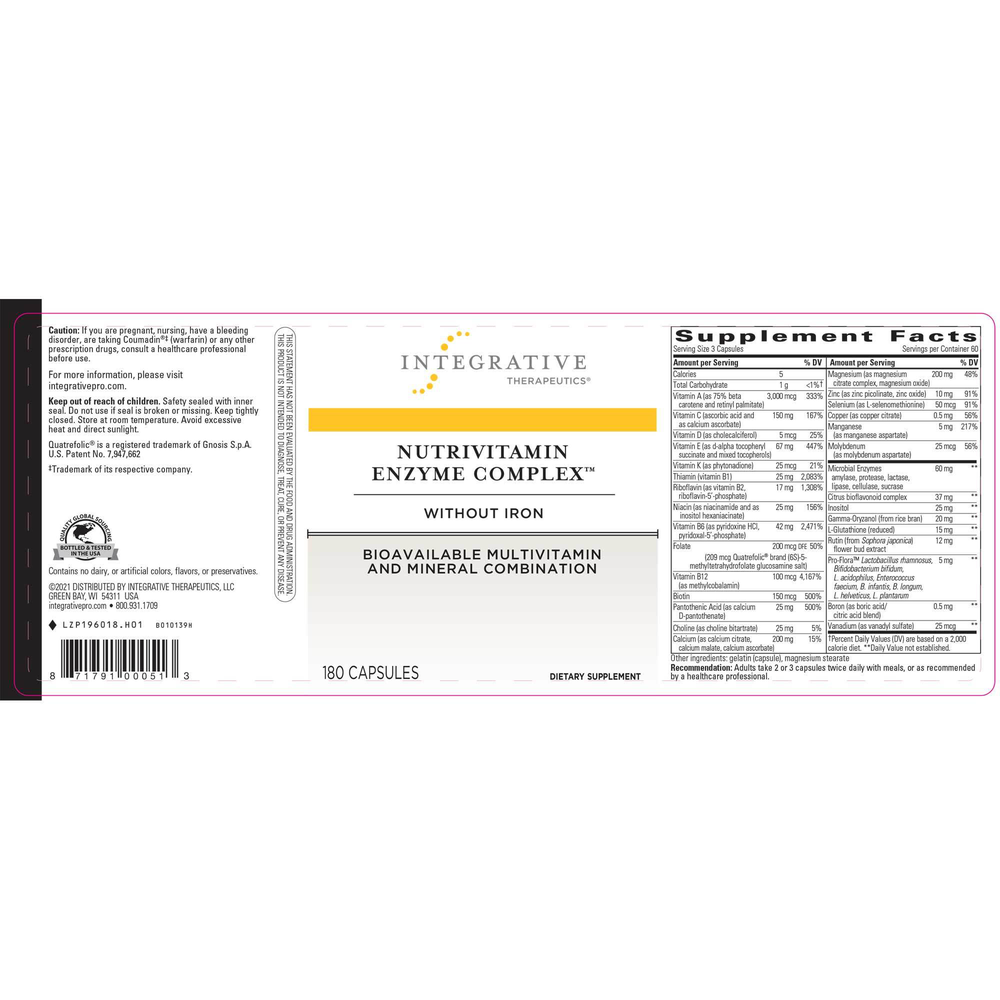 Nutrivitamin Enzyme Complex™ without Iron, 180 Capsules