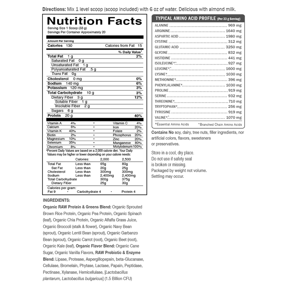 RAW Protein & Greens, Light Sweet Flavor, 23.2oz (651g) Powder