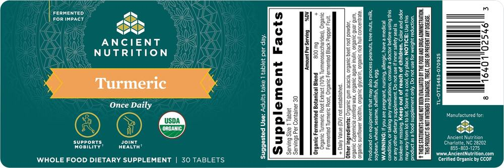 Ancient Nutrition Organic Turmeric Tablet - back
