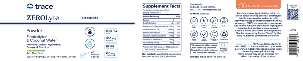 ZEROLyte Electrolytes & Coconut Water Powder, Salty Citrus, 344 g Powder