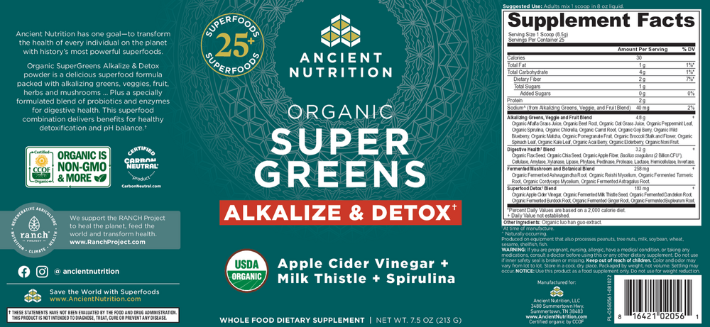 Ancient Nutrition Organic SuperGreens Alkalize and Detox - back