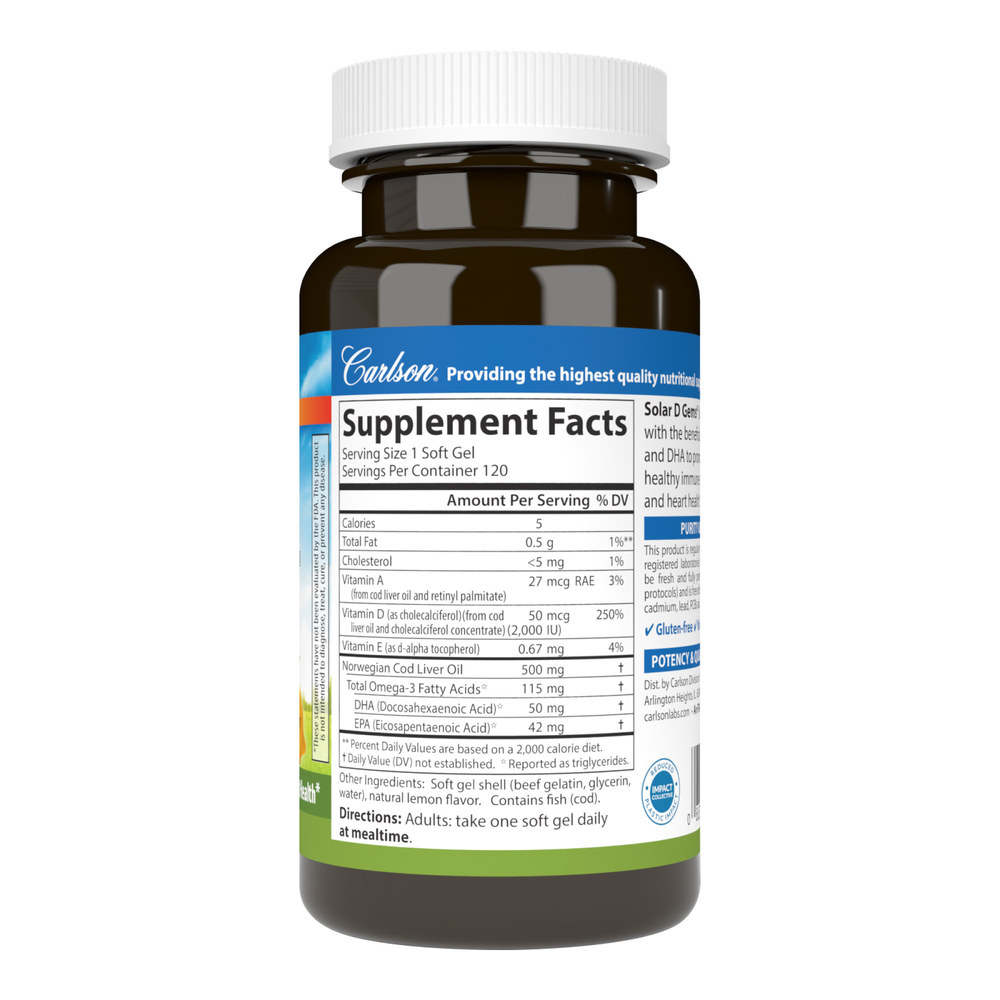 Solar D Gems®, 2000 IU Vitamin D3 + Omega-3s, Lemon Flavor, 120 Softgels