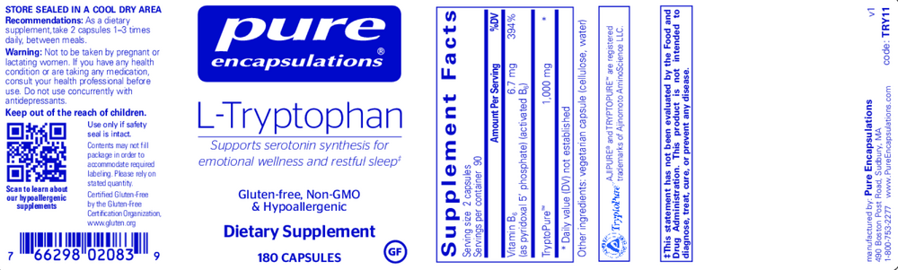 L-Tryptophan, 180 Capsules , Brand_Pure Encapsulations caps Emersons