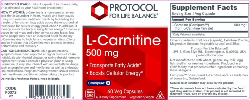 L-Carnitine 500mg, 60 Capsules , Brand_Protocol for Life Balance capsules Form_Capsules Requires Consultation Size_60 Capsules