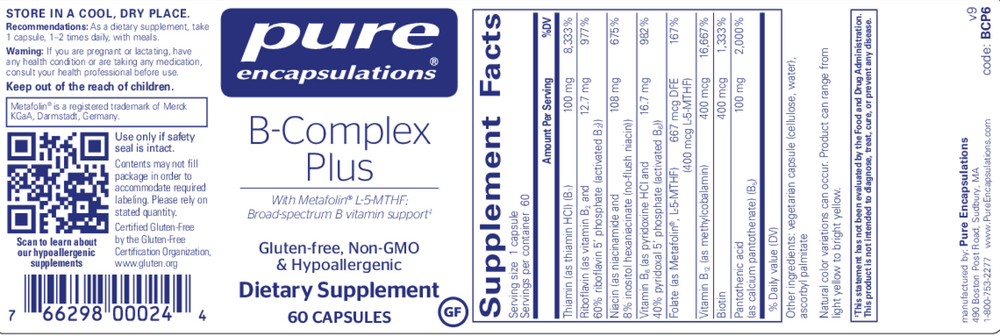 B-Complex Plus, 60 Capsules , Brand_Pure Encapsulations Form_Capsules Requires Consultation Size_60 Capsules