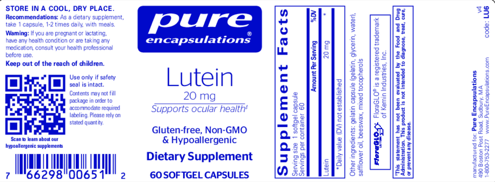 Lutein, 20 mg, 60 Softgels , Brand_Pure Encapsulations Emersons softgels