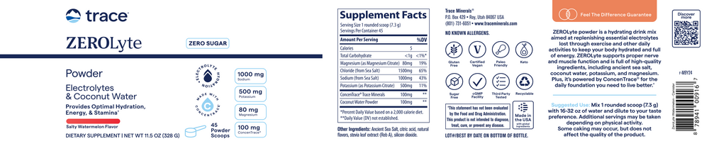 ZEROLyte Electrolytes & Coconut Water Powder, Salty Watermelon, 328 g Powder