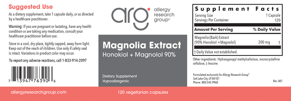 Allergy Research Group Magnolia Extract Honokiol + Magnolol - back of bottle