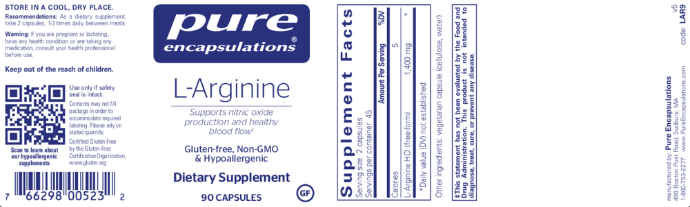 l-Arginine, 90 Capsules , Brand_Pure Encapsulations caps Form_Capsules Not Emersons Size_90 Caps