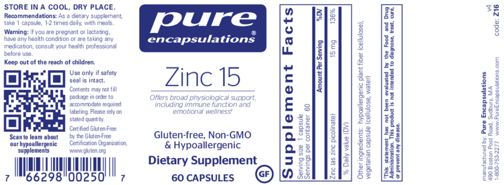 Zinc 15, 60 Capsules , Brand_Pure Encapsulations Form_Capsules Requires Consultation Size_60 Capsules