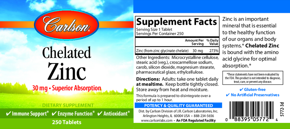 Chelated Zinc, 250 Tablets