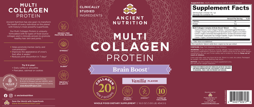 Ancient Nutrition Multi Collagen Protein - Brain Boost Powder Vanilla - back