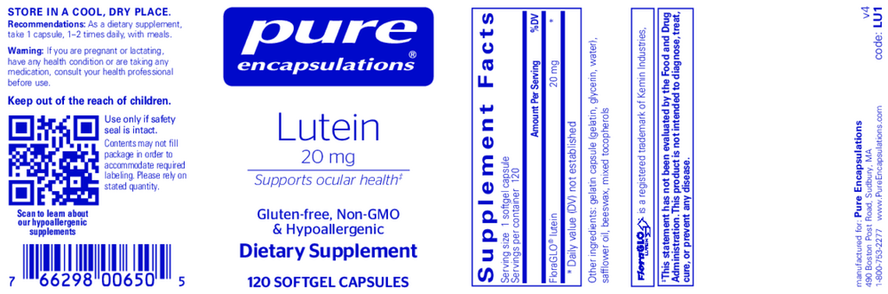Lutein, 20 mg, 120 Softgels , Brand_Pure Encapsulations Emersons Form_Softgels Requires Consultation Size_120 Softgel Capsules softgels