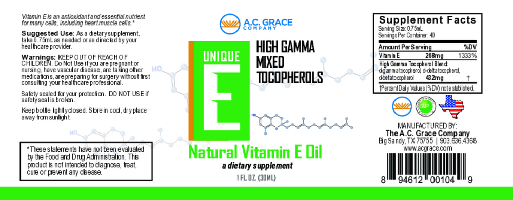 A.C. Grace UNIQUE E Tocopherols Oil 1 fl oz - back of bottle