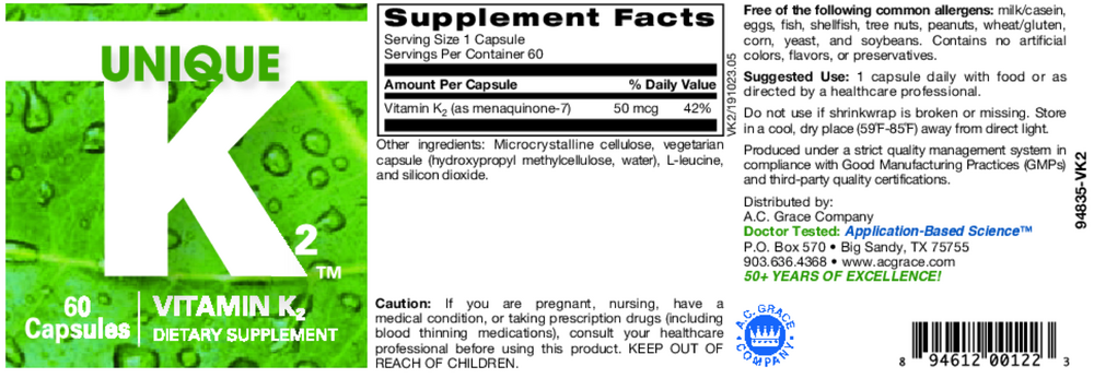 A.C. Grace UNIQUE Vitamin K2 60 capsules - back of bottle