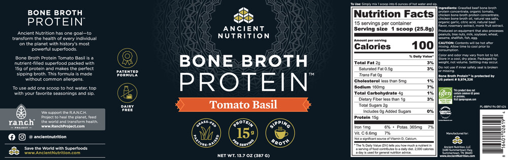 Ancient Nutrition Bone Broth Protein Tomato Basil - back