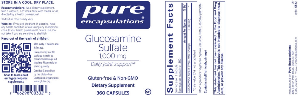 Glucosamine Sulfate, 1000 mg, 360 Capsules , Brand_Pure Encapsulations caps Emersons