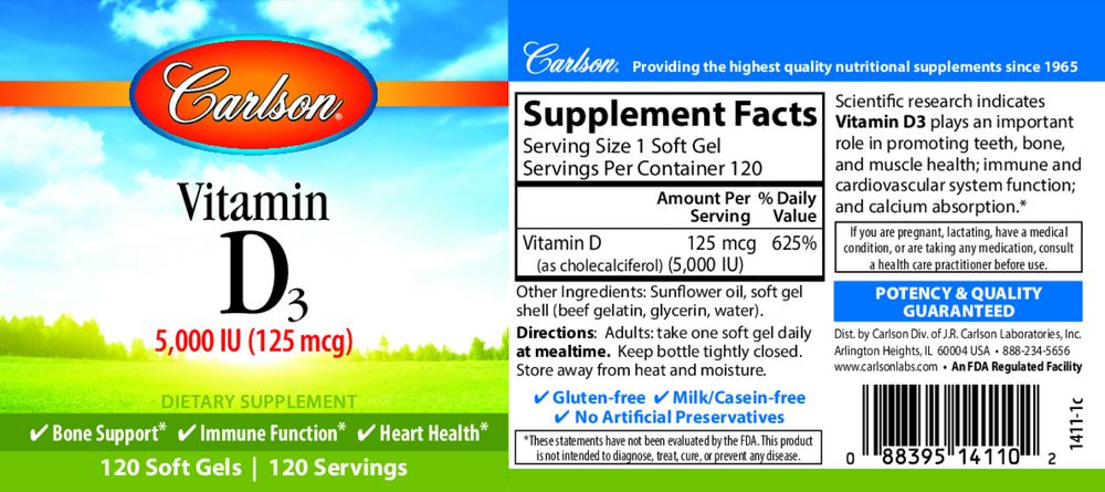 Vitamin D3, 125 mcg, 120 softgels