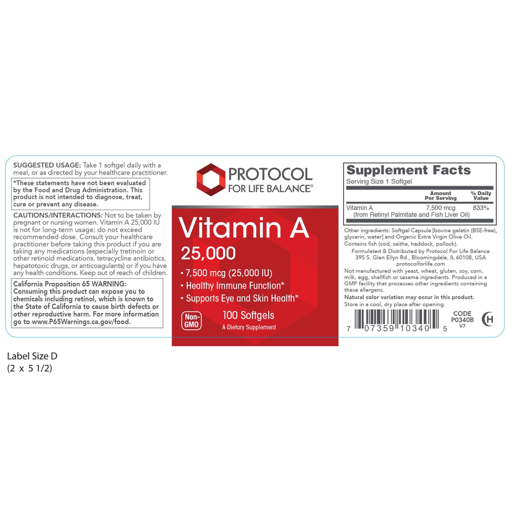 Vitamin A 25,000 IU, 100 Softgel Capsules , Brand_Protocol for Life Balance Form_Softgels Requires Consultation Size_100 Softgel Capsules softgels