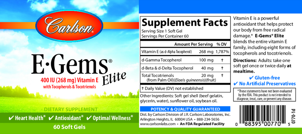 E-Gems Elite Natural Vitamin E, 400 IU, 60 Softgels