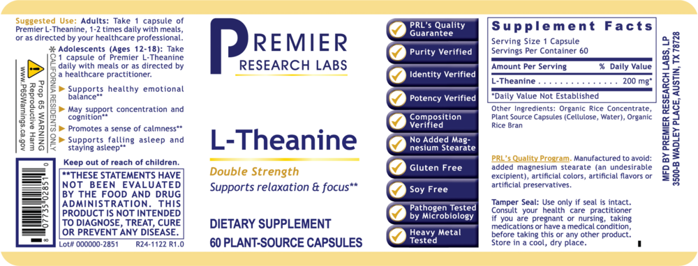 L-Theanine, 60 Capsules , Brand_Premier Research Labs capsules Form_Capsules Requires Consultation Size_60 Capsules