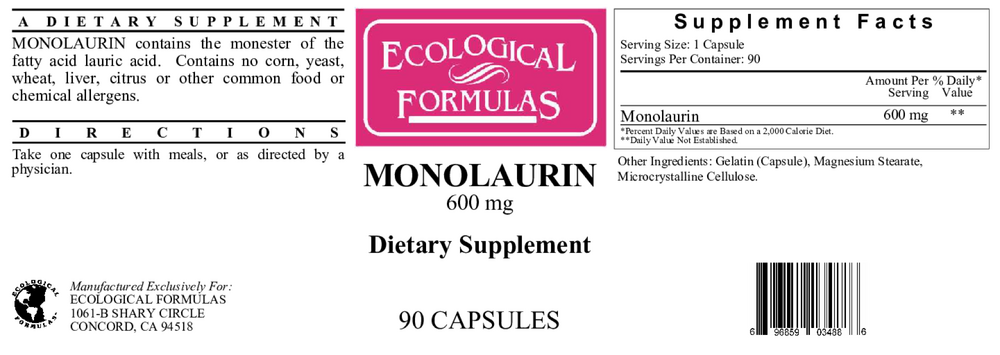 Monolaurin 600mg, 90 Capsules