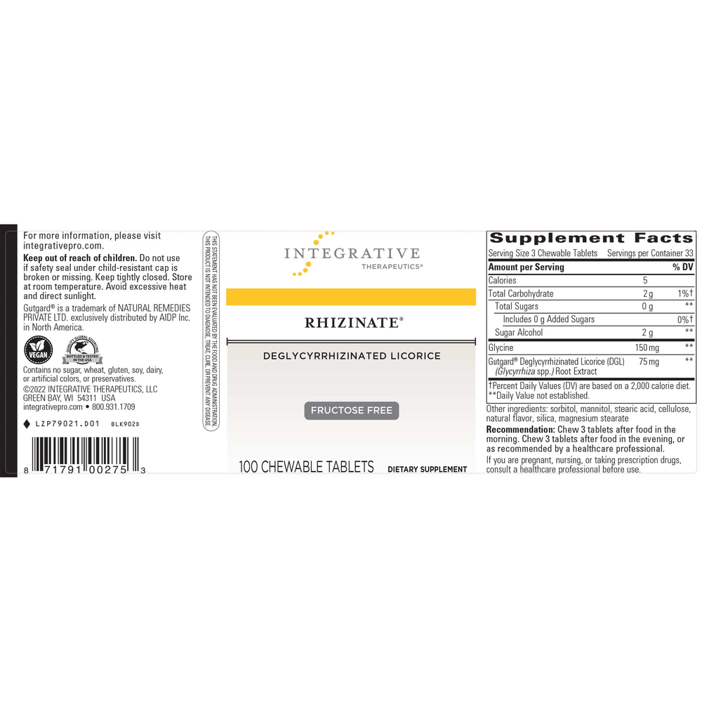 Rhizinate Fructose Free Chewable, 100 Chewable Tablets