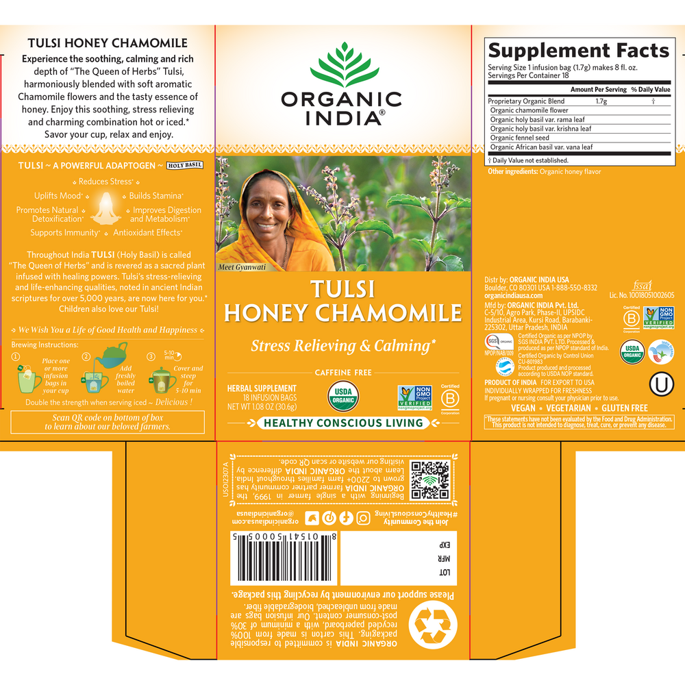 Tulsi Honey Chamomile, 1.08 Ounce (30.6 g) 18 Tea Bags , Ayurveda Brand_Organic India Form_Tea Bags Size_18 Count