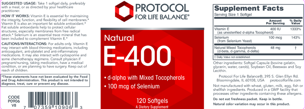 E-400 MT + Selenium, 120 Softgels , Brand_Protocol for Life Balance Form_Softgels Requires Consultation Size_120 Softgels softgels