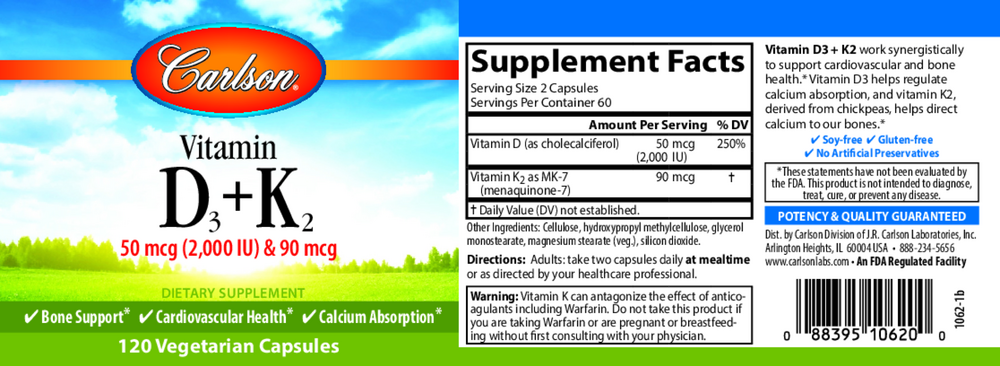 Vitamin D3 + K2, 50 mcg & 90 mcg, 120 Capsules