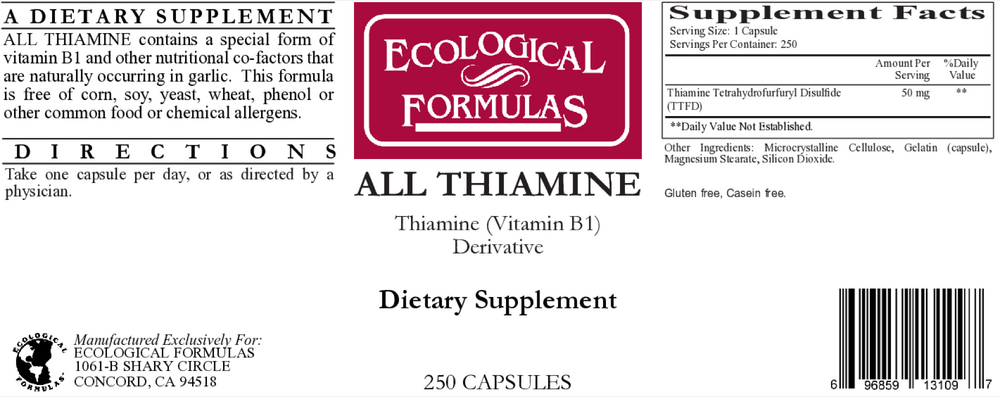 All Thiamine (fat soluble B1 - TTFD, 50mg capsule), 250 Capsules