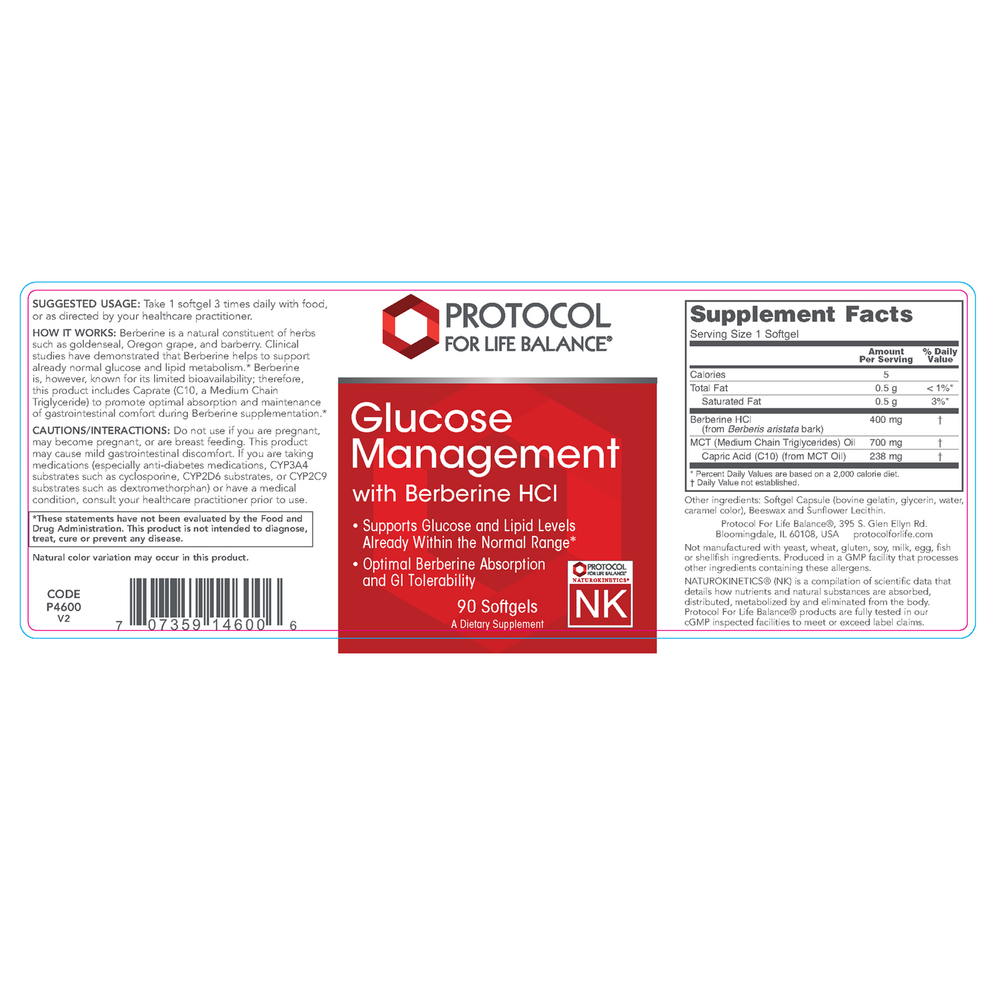 Glucose Management w/ Berberine HCL, 90 Softgel Capsules , Brand_Protocol for Life Balance Form_Softgels Requires Consultation Size_90 Softgel Capsules softgels