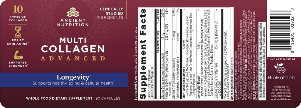 Ancient Nutrition Multi Collagen Advanced - Longevity - back
