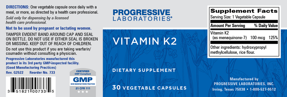 Vitamin K2 100mcg, 30 Capsules , Brand_Progressive Labs capsules Form_Capsules Requires Consultation Size_30 Capsules