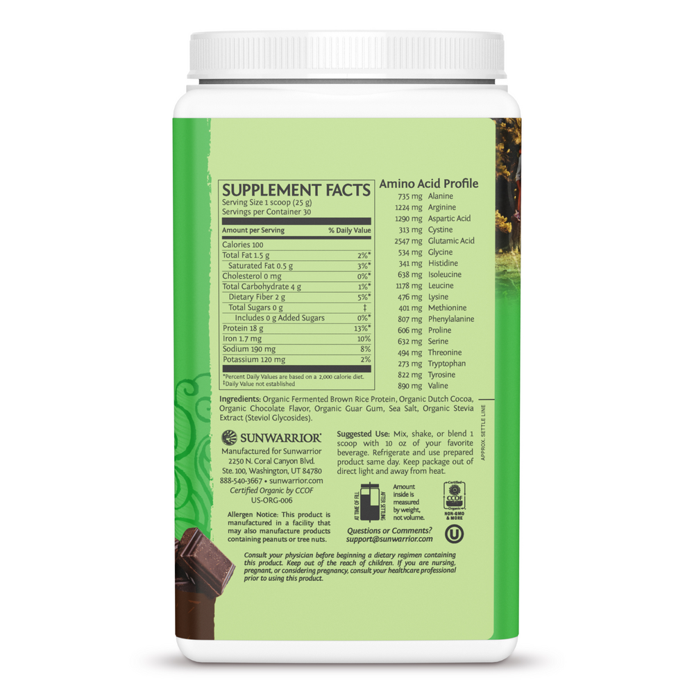 Organic Plant-Based Protein, 20 g of Protein, Chocolate Flavor, 1.65 Lb (750 g) Powder , Brand_Sunwarrior Flavor_Chocolate Form_Powder Potency_18 g Size_750 g