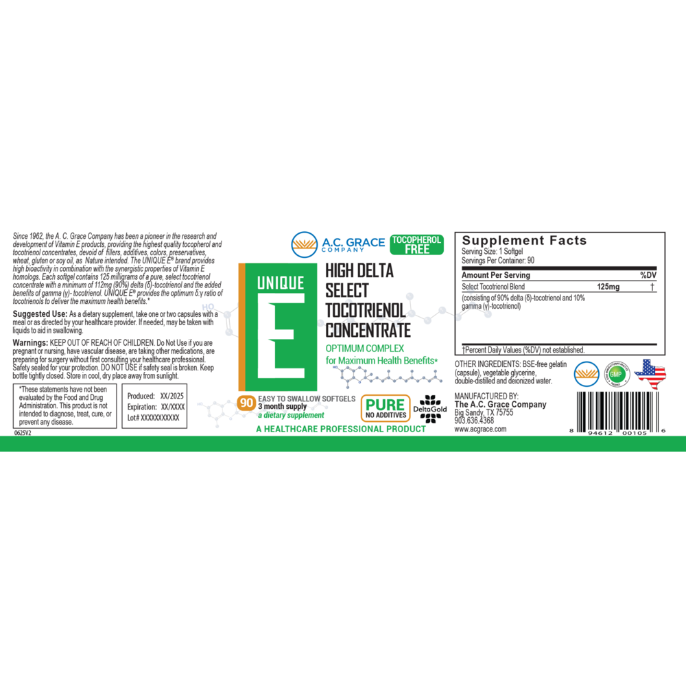 A.C. Grace UNIQUE E Tocotrienol Concentrate 90 softgels - back of bottle